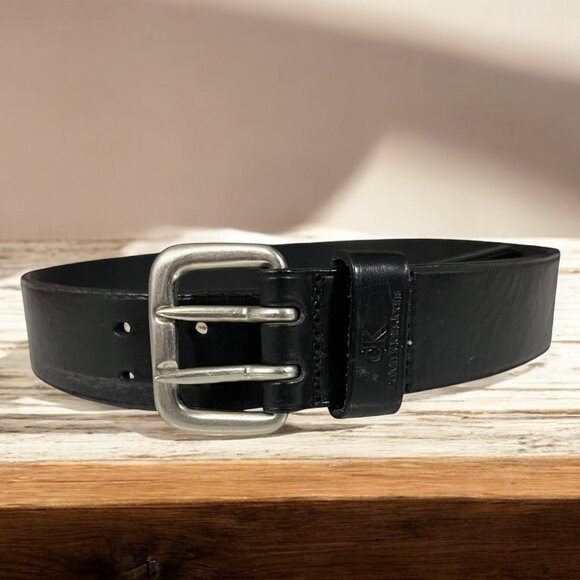Calvin Klein Wide Black Leather Belt With Silver Buckle Size Small - Picture 1 of 5